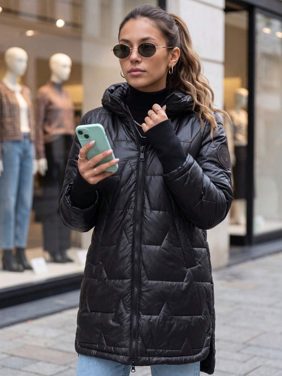 Women's Long Quilted Hooded Jacket With Zip Front And Two Side Pockets - Black - View 1