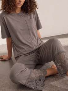 2pcs/Set Women's Pajamas Loungewear Set, Pullover Round Neck Simple Short Sleeve Cropped Pants Set, Comfortable For Home Wear - Dark Grey - View 3