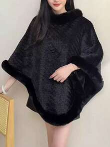1pc Women's Elegant Solid Color Patchwork Faux Fur Oversized Poncho Sweater - Faux Fur Collar Shawl - View 10
