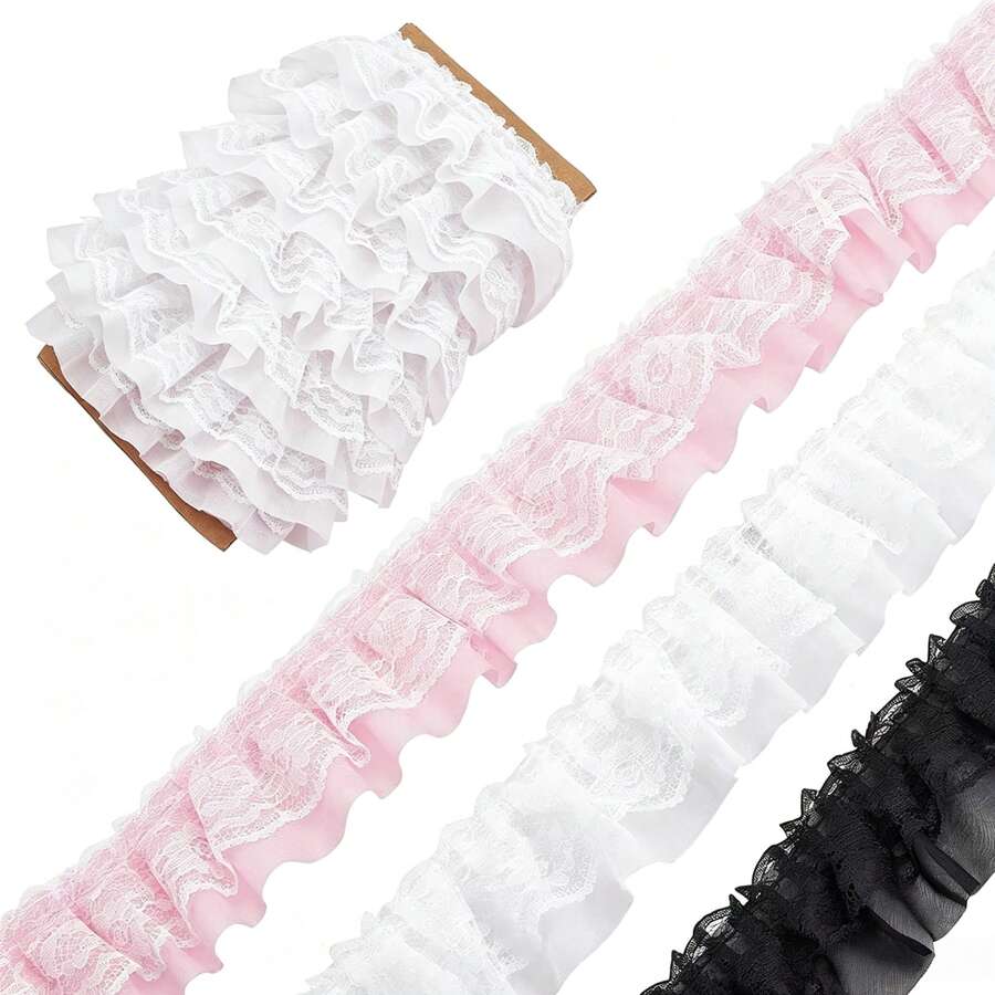 2Y/5Y/10Y Double Layer Ruched Lace Trim 5cm Wide, Pink White Black Pleated Ruffle Edge, Suitable For DIY Sewing, Skirt Hem, Pillowcase, Handmade Decoration - A - View 1