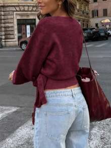 Plus Size Women's Solid Color Overlap V-Neck Side Knot Long Sleeve Knit Cardigan - Burgundy - View 6