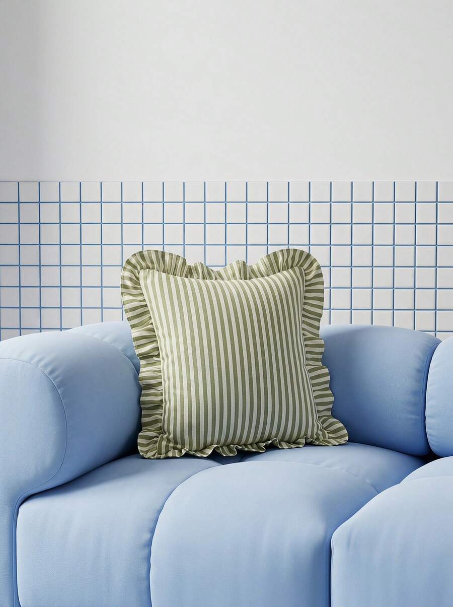 Joivida 1/2/4pcs Green & White Striped Ruffle Edge Pillow Covers, Washed Cotton French Country Farmhouse Cushion Covers, No Insert, Soft Breathable Washable Decor For Sofa Bed Living Room, Multiple Sizes - Green and White Vertical Stripes - View 1