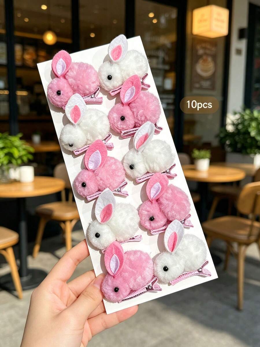 10 buah Jepit Rambut Kelinci Plush Lucu Warna Putih + Merah Muda, Cocok untuk Aksesori Rambut Penggunaan Sehari-hari