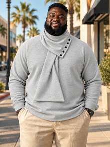 Men's Plus Size Pullover Sweatshirt, Detachable Scarf Men's Plus Size Top, Solid Color Casual Plus Size Men's Clothing - Light Grey - View 5