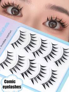 5 Pairs Wet-Look Pointed Cartoon Eyelashes, Invisible Band, Comfortable & Lightweight, Faux Mink Fur, Soft & Natural Fit, Sweet Korean-Style Makeup For Daily, Date, Party Eye Looks - Black - View 1