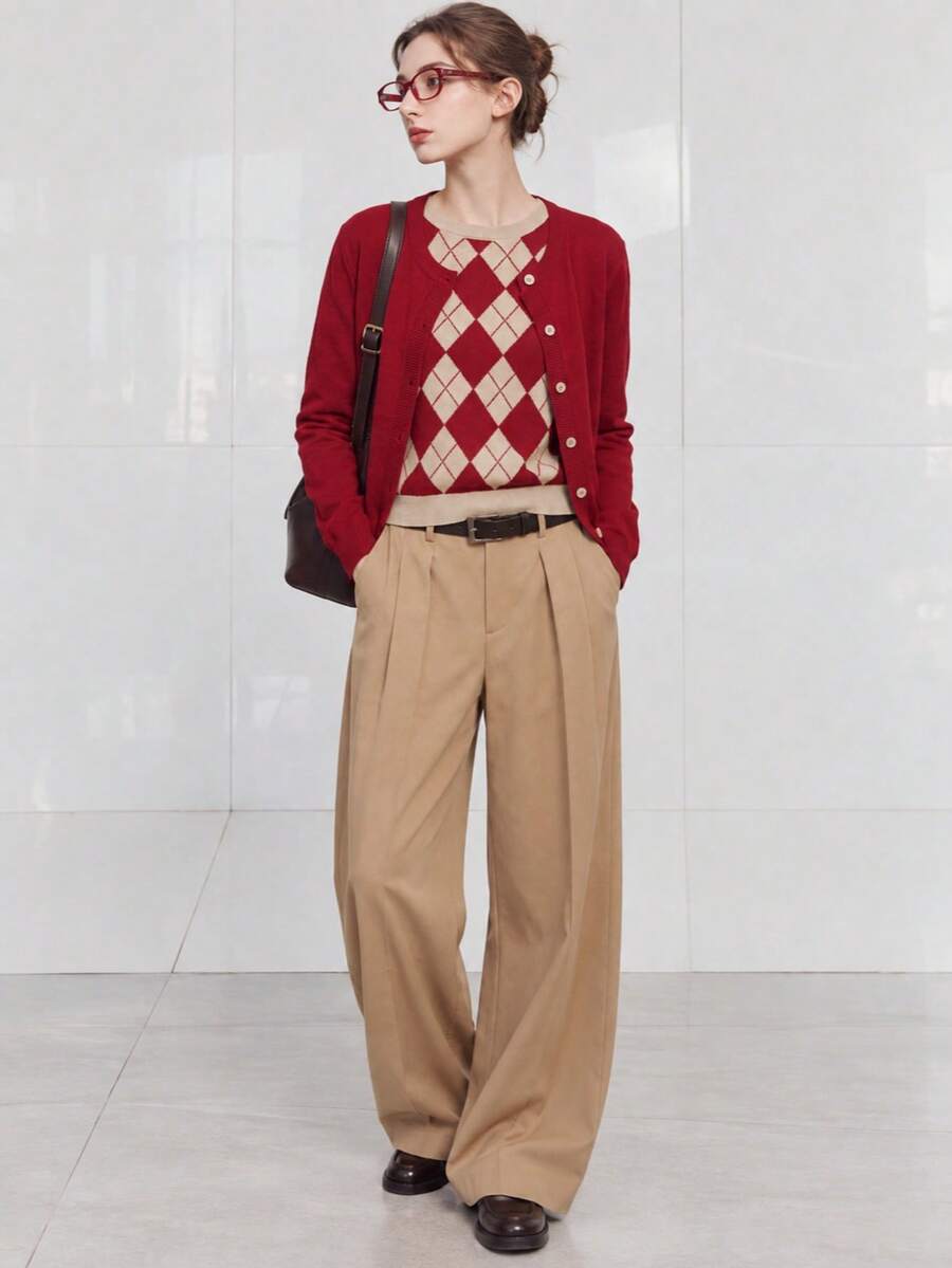 Women's Autumn Casual Minimalist Inner Diamond Pattern Solid Color Knit 2 In 1 Pullover Cardigan - Red - View 1