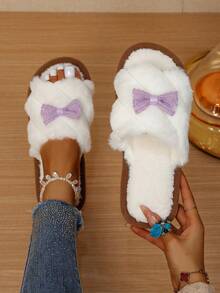 Purple Bow Open Toe Plush Slippers Women Autumn/Winter Indoor Warm Fuzzy Slippers - Purple - View 2
