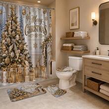 1pc/4pcs Gold Fireplace Christmas Tree Pattern Multi-Functional Bathroom Decor Shower Curtain Set, Free 12 Hooks, Premium Holiday Atmosphere, Bathroom Mat U-Shaped Floor Mat And Round Toilet Lid Cover, Suitable For All Scenes Decoration Bathroom Set - Gold Fireplace Christmas Tree - View 4