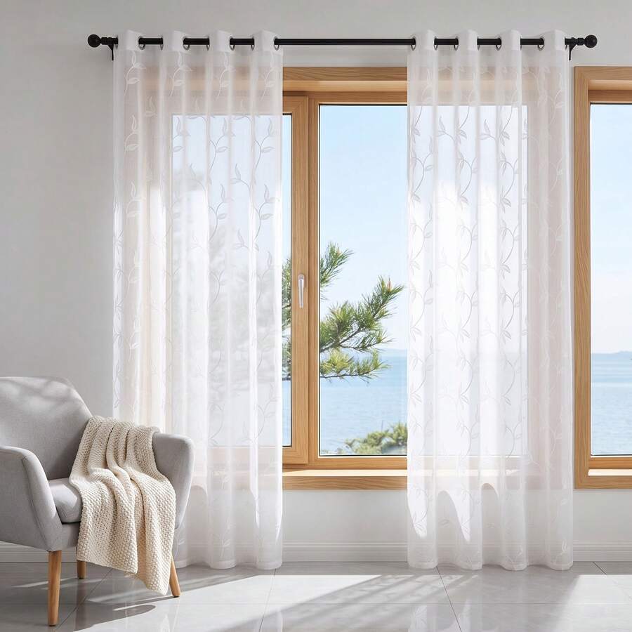 2pcs Sheer Curtains, Decorative Embroidered Faux Linen Curtains, Suitable For Home Kitchen, Living Room And Bedroom - White - View 1