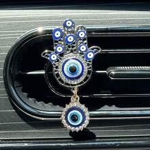 1pc Evil Eye Car Vent Decoration, Devil Eye Retro Fatima Hand Car Vent Clip, Antique Rhinestone Hollow Metal Pendant Car Vent Decoration, Bohemian Car Interior, Lucky Protection Car Parts Gift For Female Drivers - A - View 5