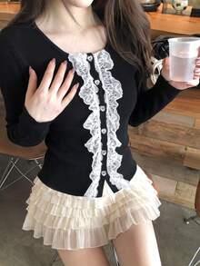 French Style Lace Trim Long Sleeve Knit Sweater Women Autumn/Winter Design Heart Button Slim Fit Inner Layer Base Layer Short Top - Black - View 6