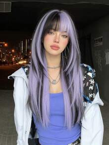 24 Inch Long Synthetic Straight Hair Wig, Multi-Color Natural Style, With Bangs Design, Suitable For Daily Wear, Party, Makeup, Ball, Providing Natural And Long-Lasting Wig Gift For Women, Halloween , Cosplay And Fashion - Multicolor - View 2