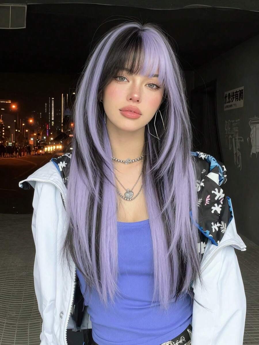 24 Inch Long Synthetic Straight Hair Wig, Multi-Color Natural Style, With Bangs Design, Suitable For Daily Wear, Party, Makeup, Ball, Providing Natural And Long-Lasting Wig Gift For Women, Halloween , Cosplay And Fashion