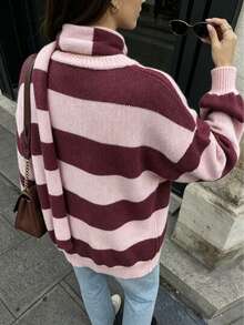 Plus Size Pink Purple Wide Stripe Button V-Neck Knit Cardigan Lantern Long Sleeve With Scarf Loose Fit Sweater - Pink - View 6