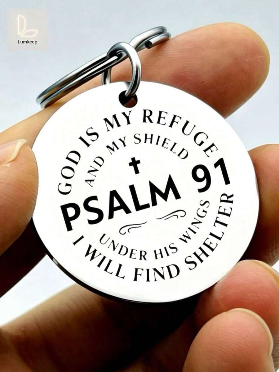 1pc "Psalm 91 God Is My Refuge And My Shield" Round Keychain – Christian Cross Faith Charm | Silver-Tone White Background Bold Text "I Will Under His Wings Find Shelter" | Perfect Gift For Believers, Baptism, Church | Daily Spiritual Protection - Thickened Upgraded Version - View 1