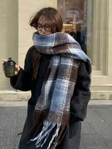 1pc Blue Plaid Scarf For Women, Warm Shawl Wrap, Student Style, Tasseled Neck Warmer, 2025 New Collection, Winter For Dress - Blue - View 1