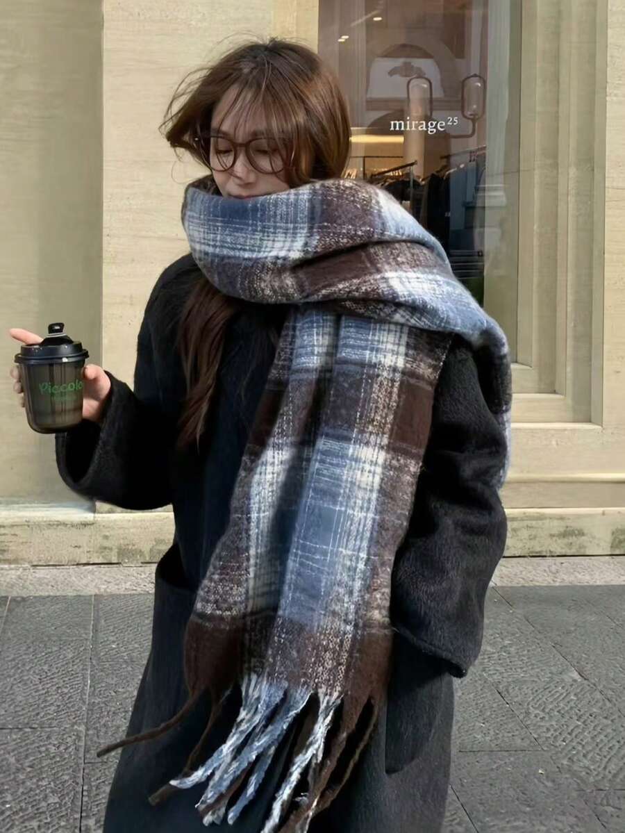 1pc Blue Plaid Scarf For Women, Warm Shawl Wrap, Student Style, Tasseled Neck Warmer, 2025 New Collection, Winter For Dress - Blue - View 1