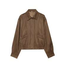 Women's Brown Faux Suede Loose Fit Aviator Jacket With Turn-Down Collar, Elastic Hem, Long Sleeves And Pockets - Brown - View 4