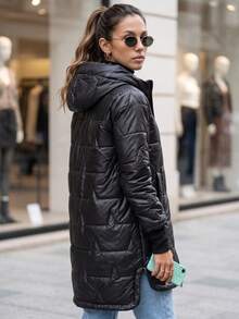 Women's Long Quilted Hooded Jacket With Zip Front And Two Side Pockets - Black - View 2