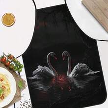 1pc Halloween Dark Swan Print Apron, Featuring White Swan, Dark Lake Surface & Withered Tree Pattern, Durable Cooking Apron Suitable For Bakers, Cake Decorators, BBQ Enthusiasts, Gardeners, Painters, Nail Artists - Perfect Gift For Home And Professional Chefs - Multicolor - View 3