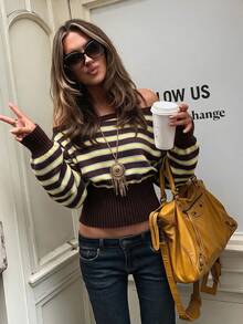 Women's Autumn/Winter Casual Striped Color-Block Asymmetrical Shoulder Loose Top & Tight Bottom Fashion Sweater - Multicolor - View 9