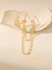 Nooxian 1 Set Gold Water Drop Zirconia Long Chain Earrings + Wave Rhinestone Ear Clips Set, Multiple Piercing Layered Tassel Ear Jewelry 2pcs - Yellow Gold - View 3