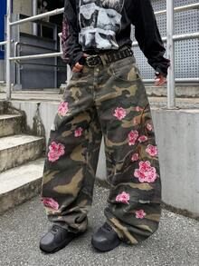 Infinite Jeans 1pc American Street Fashion Men's Patchwork Double Waist Distressed Ripped Embroidered Denim Jeans Loose Comfortable Wide Leg Pants All Season Versatile Denim Long Pants (Product Does Not Include Belt And Accessories) - Green - View 5