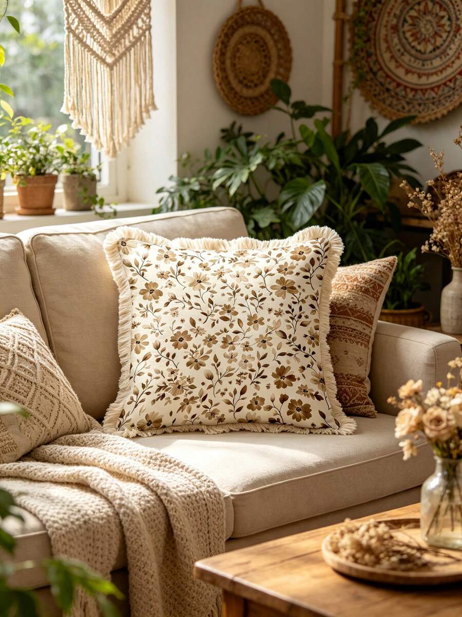 1 Buah Sarung Bantal Dekoratif Motif Bunga Cokelat Bohemian, Sarung Bantal Berpinggiran Rumbai Cetak Dua Sisi, Gaya Bunga Rustic, Cocok untuk Sofa, Tempat Tidur, Ruang Tamu, Dekorasi Rumah Kamar Tidur (Tidak Termasuk Isi Bantal) - Ukuran Tidak Termasuk Rumbai 3cm - MultiWarna - View 1