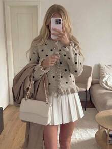 Women's Autumn/Winter Polka Dot Ruffle Knit Cardigan, Casual Daily Long Sleeve Vacation Outfit, Fashion Slim Fit Top - Multicolor - View 2