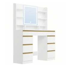 HaluPeit Dressing Table With LED Light, Vanity Desk With 1 Large Drawer And 8 Small Drawer Cabinets, Adjustable Brightness, Large HD Mirror, 9 Open Storage Areas - Platinum - View 7