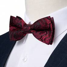 5Pcs Men Red Paisley Jacquard Bow Tie Pocket Square Cufflinks Ring Boutonniere Set, Cufflinks Pattern Random For Wedding - Red - View 5