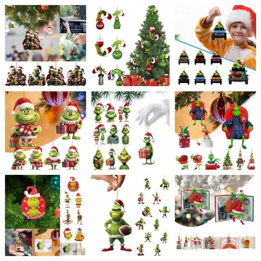 Panini Grinch Christmas Tree Ornaments, Acrylic 2D Scene Hanging Decorations, Classic Green Character Pendant For Xmas Tree Home Holiday Party Decor - Random Styles - View 1