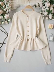 2026SS New French Style Fitted Waist Fishtail Hem Knit Cardigan, Slim Fit Textured Round Neck Single-Breasted Short Sweater - Apricot - View 5