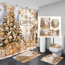 1pc/4pcs Gold Fireplace Christmas Tree Pattern Multi-Functional Bathroom Decor Shower Curtain Set, Free 12 Hooks, Premium Holiday Atmosphere, Bathroom Mat U-Shaped Floor Mat And Round Toilet Lid Cover, Suitable For All Scenes Decoration Bathroom Set - Gold Fireplace Christmas Tree - View 8