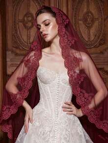 A Burgundy Lace Wedding Veil With A Comb, Vintage And Elegant, Face-Covering, Wedding Accessory, Suitable For Middle Eastern Weddings And Halloween - Multicolor - View 12