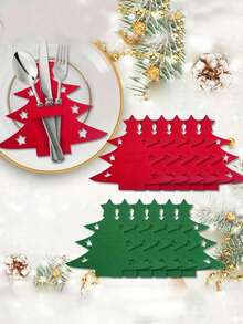 6pcs Christmas Tree Tableware Storage Bag Set, Felt Placemats, Classic Christmas Tree Design, Red & Green Color Scheme, Suitable For Storing Cutlery, Silverware And Dinnerware, Perfect For Holiday Dining And Party Decoration, Tableware Pockets, Christmas Decor - Multicolor - View 1