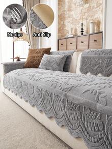 ZXZGM 1pc French Embossed Jacquard Faux Rabbit Fur Sofa Cover, Minimalist Luxury Style, Wavy Edge Full Coverage Sofa Slipcover, Anti-Slip Anti-Scratch Pet-Friendly Sofa Protector, Machine Washable Thickened Jacquard Texture Sofa Cover, Solid Color Durable Wear-Resistant Sofa Cover, All-Season Living Room Bedroom Car Home Use, Fits Straight L-Shaped Functional Sofa, Rental Home Dust-Proof Sofa Cover Blanket, Autumn Home Decor, Fall, Autumn, Fall Decor, Sofa Cover, Couch Cover - Light Grey - View 1
