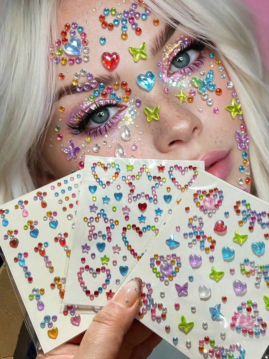 3/1 Lembar Stiker Permata Wajah Hati Bintang, Stiker Permata Berlian Imitasi Hati Aurora Merah Muda Perekat Diri 3D, Permata Kristal Rantai Warna-warni untuk Wajah dan Tubuh, Untuk Dekorasi Rias Mata Pesta Festival Rave