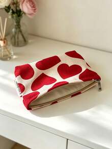 1PC/4PCSRed Heart Print Cosmetic Bag, Zipper Makeup Pouch Set, Cute Heart Pattern Storage Purse, Portable Travel Toiletry Bag For Lipstick, Skincare, Small Essentials, Multi-Size Canvas Organizer, Lovely Daily Storage Pouch For Women - Multicolor - View 12