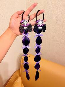 2pcs Girls Purple & Black Contrast Spider Hair Extensions Braided Hair Ties, High Elasticity, Fun Atmosphere Theme Holiday Costume Hair Accessories - Multicolor - View 2