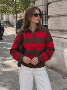 Women's Green Striped Polo Collar V-Neck Pullover Sweater Casual Preppy Knit Top - Red and Brown - View 1