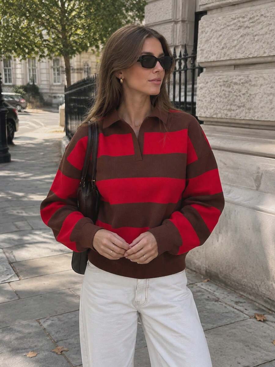 Women's Green Striped Polo Collar V-Neck Pullover Sweater Casual Preppy Knit Top - Red and Brown - View 1