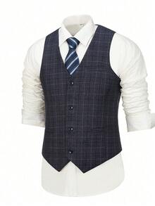 Men's Double Plaid Sleeveless Suit Vest, Formal Single Breasted Waistcoat, Suitable For Occasions - Grey - View 5