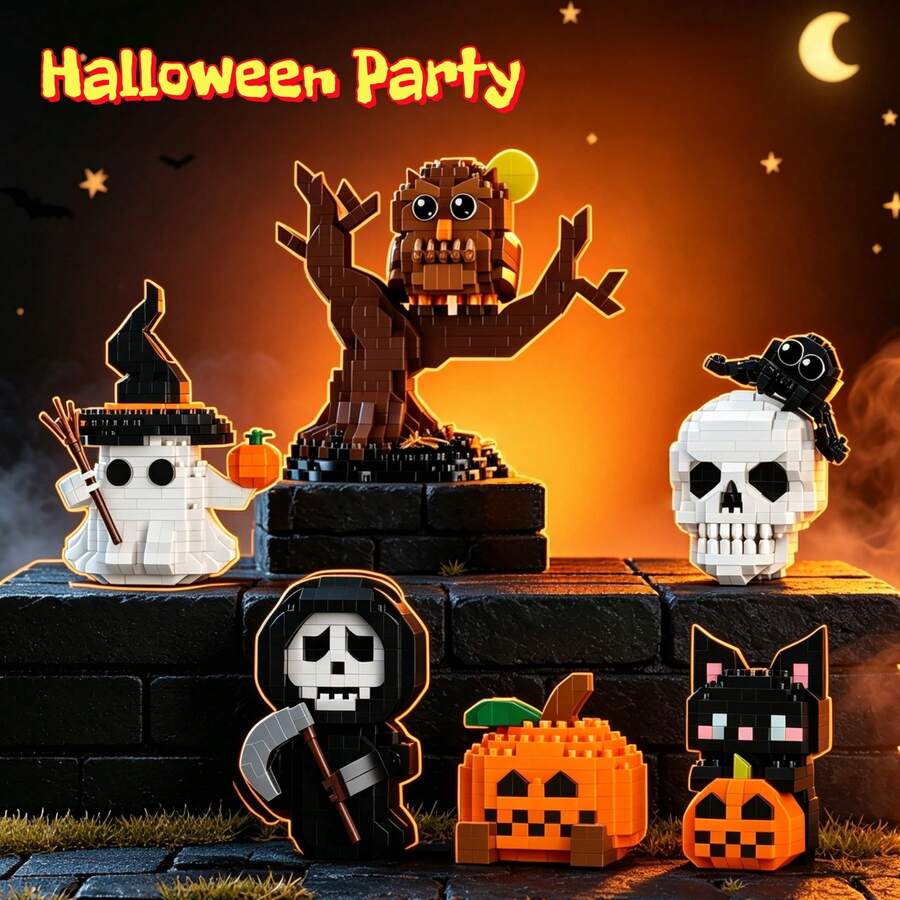 6pcs Halloween Party Gift Box Set Series, Building Block Toy Set, ABS Material. Carnival 6pcs Gift Box Discount Set Available For Selection, Includes: Pumpkin, Skull, Ghost, Witch, Grim Reaper, Vampire And Other Elements, Halloween Christmas And Other Major Holiday Discount Gifts. - Multicolor - View 1