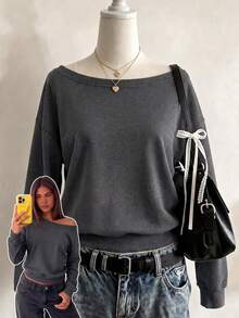 Women's Casual Dark Gray Off-Shoulder Loose-Fitting Sweatshirt With Adjustable Neckline, Allowing For Both Off-Shoulder And Concealed Shoulder Options. Simple, Stylish, Casual, And Versatile Y2K Style, Vintage, Streetwear, Suitable For Daily Commutes, Dates, Parties, Autumn/Winter, Christmas, New Year's, Thanksgiving, Parties, Weddings, Elegant, Casual, And Outings. Women's Autumn Long-Sleeved Top, Women's Autumn Clothing, Women's Autumn Outfits. - Dark Grey - View 7