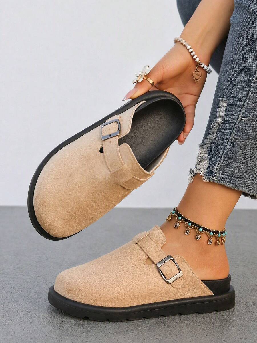 Women's Buckle Decor Suede Slip-On Thick Sole Loafers, Beige Closed Toe Mules Suitable For Home, Daily Wear, Commuting In Spring And Autumn - Beige - View 1