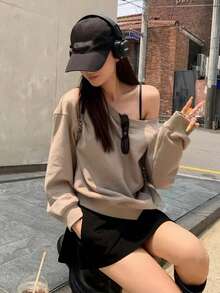 Y6Y 休閒時尚寬鬆不對稱肩女款運動衫，2025新款秋冬長袖上衣 - 淺咖色 - 查看 10