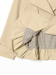 Women's Spring Beige Short Trench Coat, Oversized Lapel, Drawstring Waist Belt, Lightweight Casual Work Office Autumn Jacket - Khaki - View 8