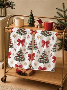 2PCS Kitchen Towels, Christmas Bow & Christmas Tree Seamless Pattern Kitchen Towels, Watercolor Style 40*60cm Rectangular Soft Microfiber Cleaning Towels, Perfect For Kitchen, Dining Room And Bathroom Use, Christmas Kitchen Decor, Home Decor, Neighbor Housewarming Gift, Dishcloth - Multicolor - View 6