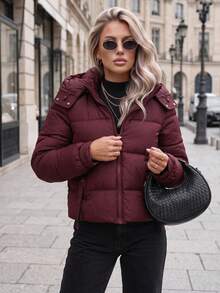 Women's Quilted Puffer Jacket With Detachable Hood, Zip Front And Side Pockets - Burgundy - View 2